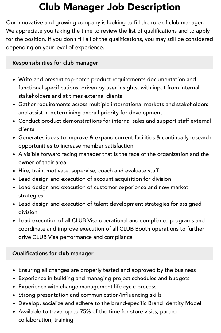 Club Manager Job Description Velvet Jobs