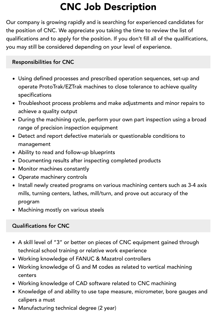 CNC Job Description Velvet Jobs