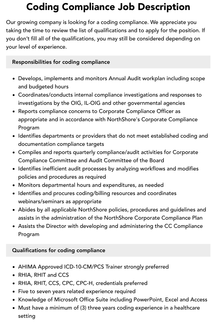 Coding Compliance Job Description Velvet Jobs