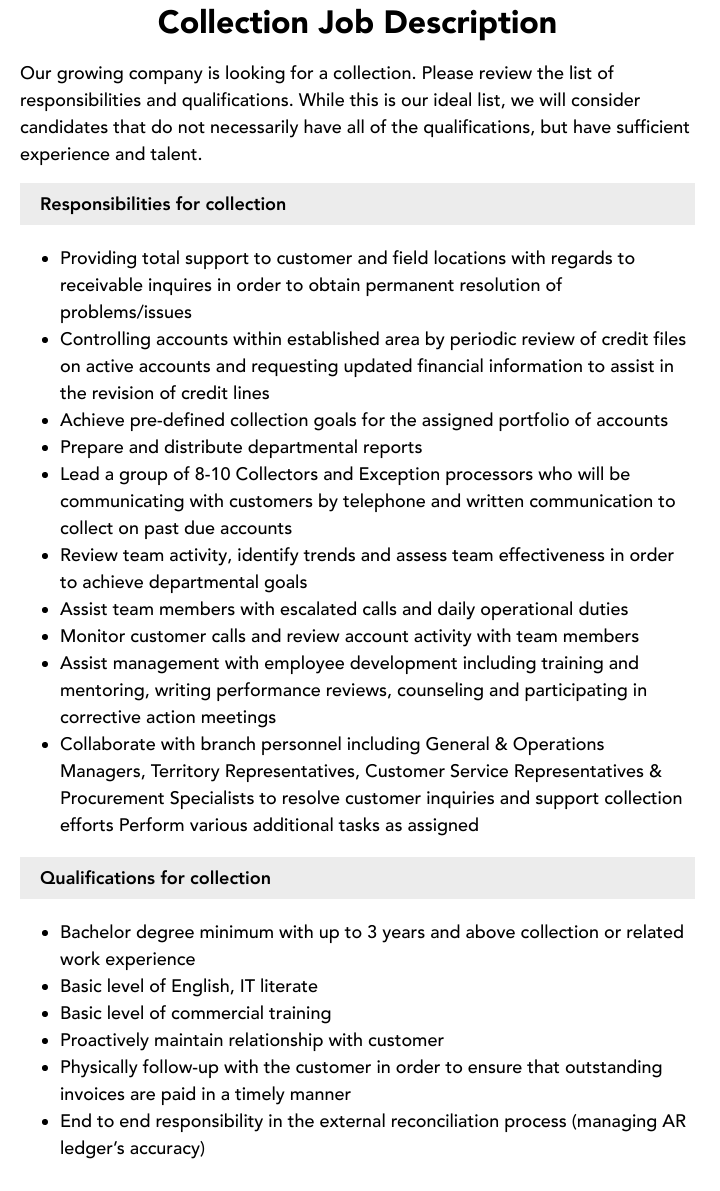 Collection Job Description Velvet Jobs