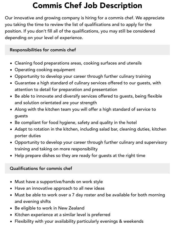 Commis Chef Job Description Velvet Jobs