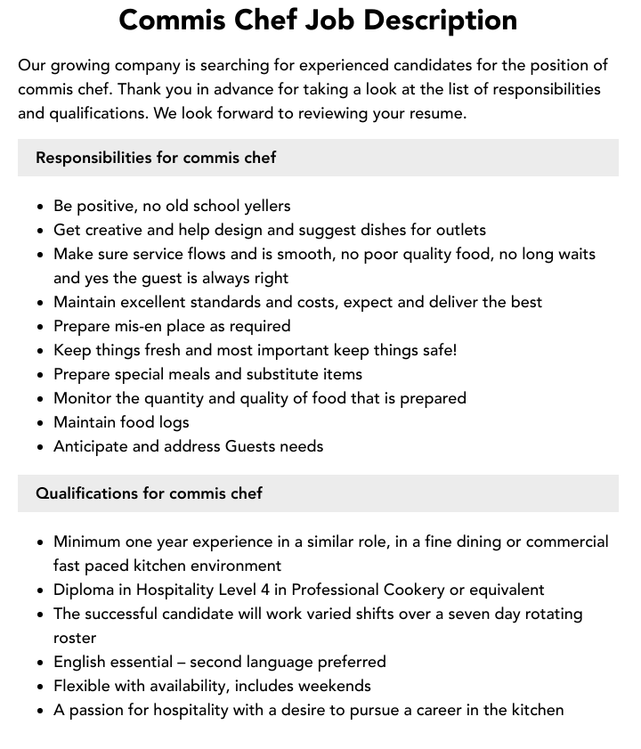 Commis Chef Job Description Velvet Jobs