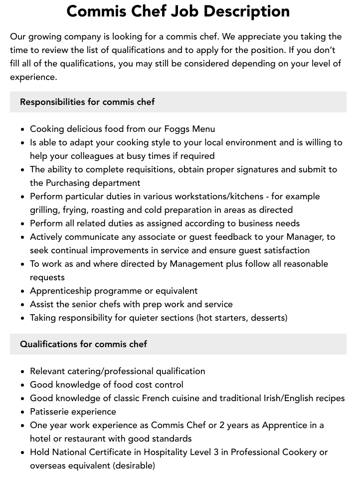 Commis Chef Job Description Velvet Jobs
