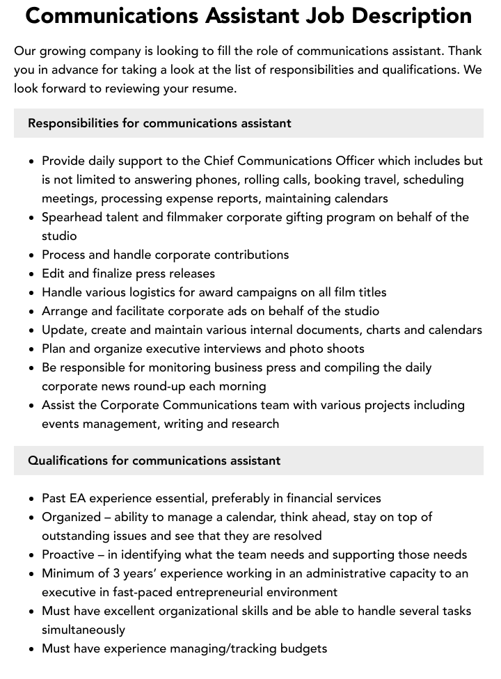 communication assistant job description resume