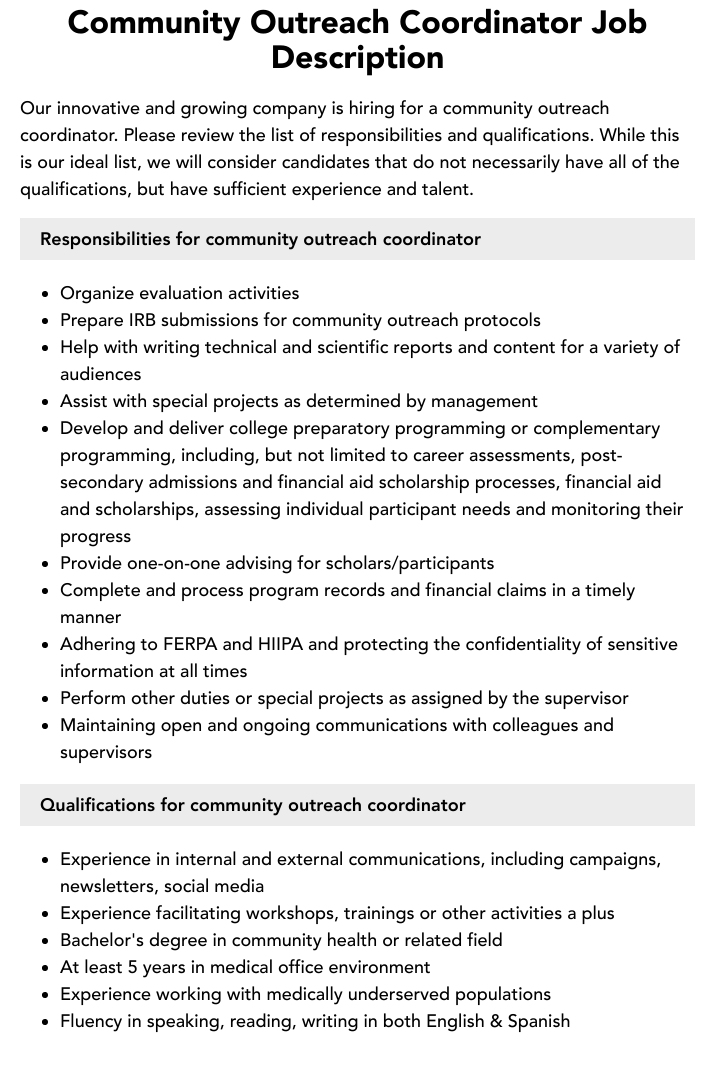 Community Outreach Coordinator Job Description Velvet Jobs