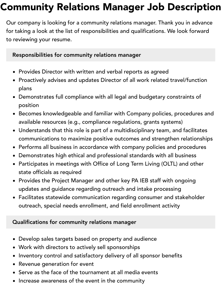 Community Relations Manager Job Description Velvet Jobs
