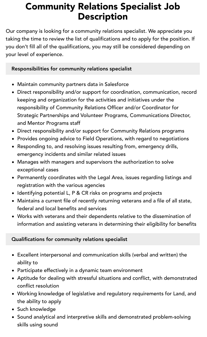 Community Relations Specialist Job Description Velvet Jobs