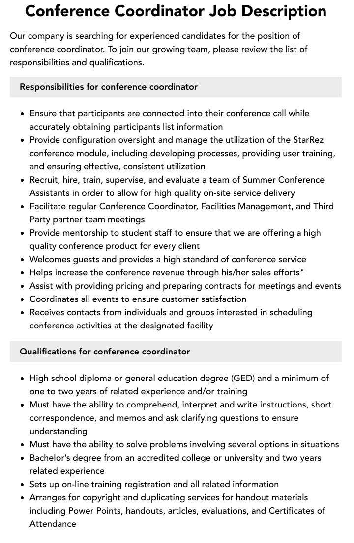 Conference Coordinator Job Description Velvet Jobs