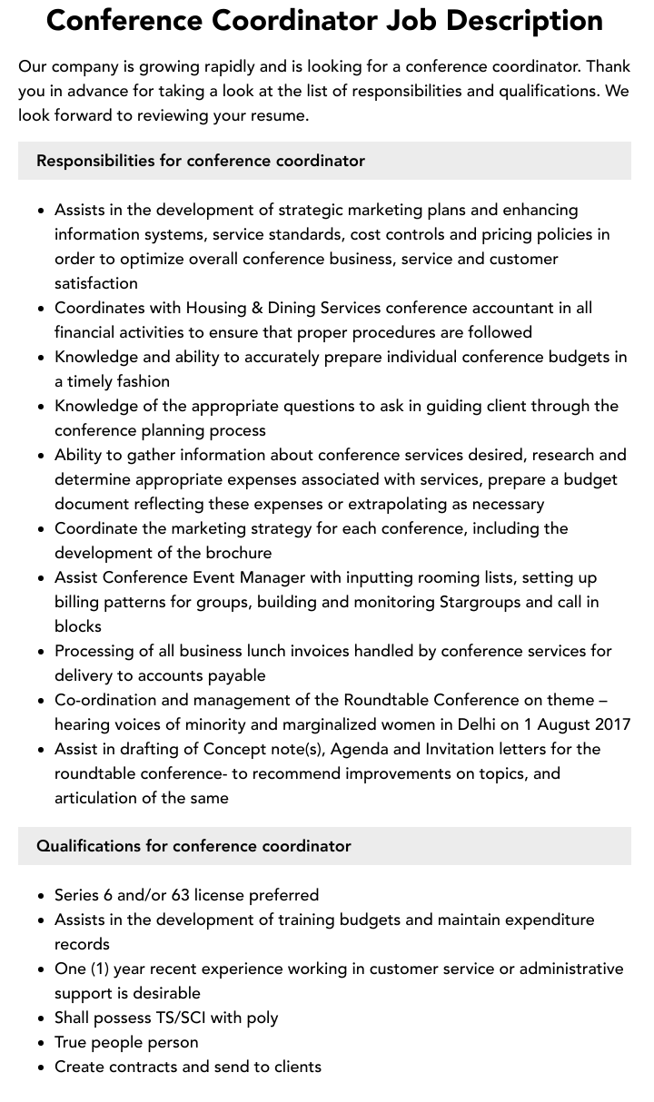 Conference Coordinator Job Description Velvet Jobs