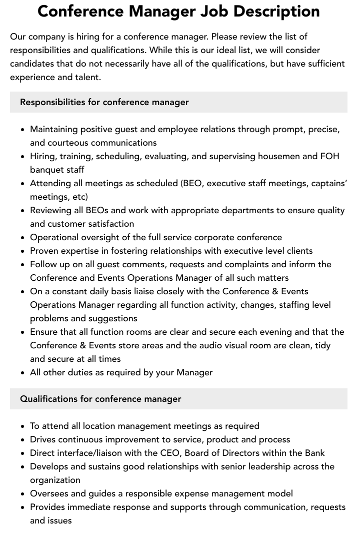 Conference Manager Job Description Velvet Jobs
