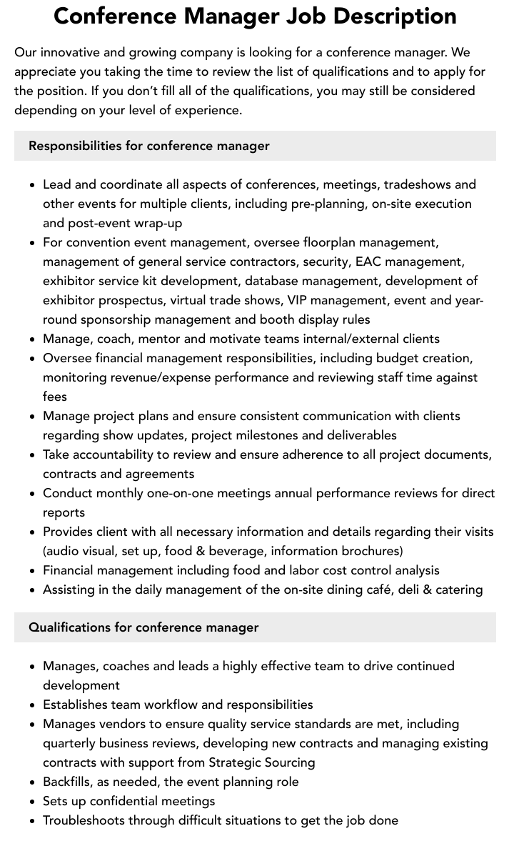 Conference Manager Job Description Velvet Jobs