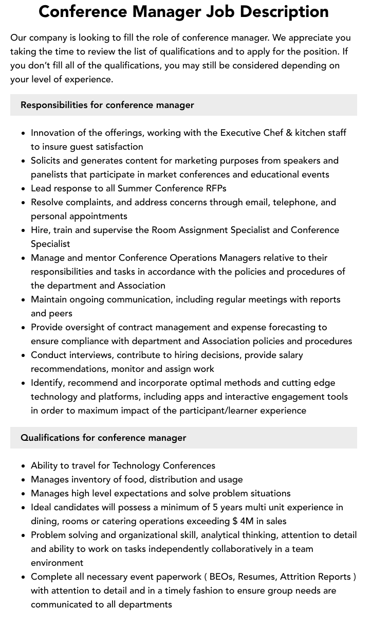 Conference Manager Job Description Velvet Jobs