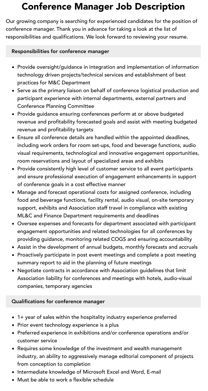 Conference Manager Job Description Velvet Jobs