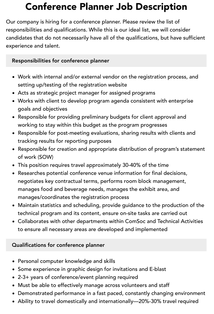 Conference Planner Job Description Velvet Jobs Conference Planner Job Description Velvet Jobs