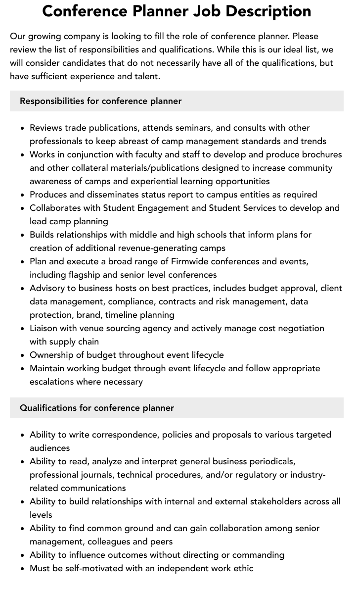 Conference Planner Job Description Velvet Jobs Conference Planner Job Description Velvet Jobs