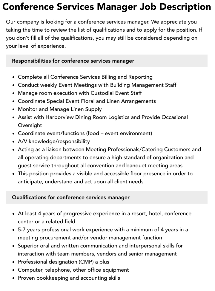 Conference Services Manager Job Description Velvet Jobs