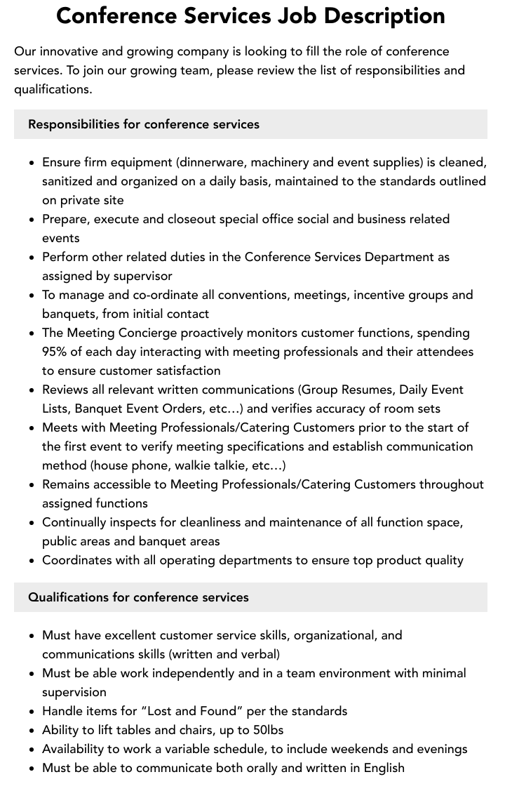 Conference Services Job Description Velvet Jobs