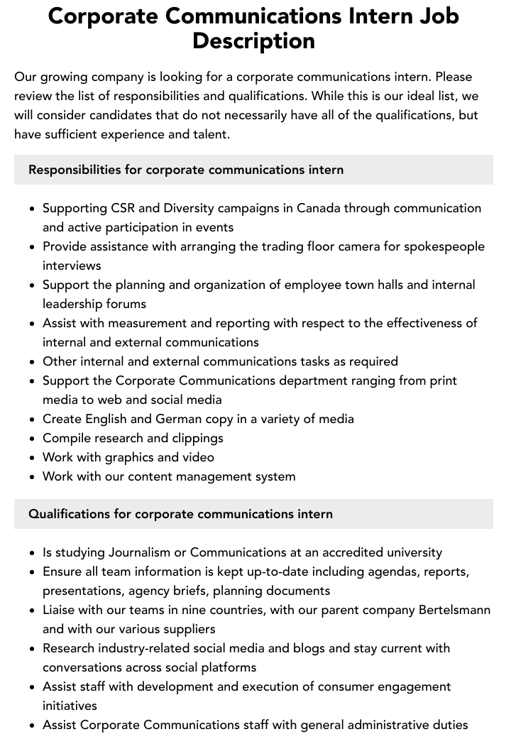 Corporate Communications Intern Job Description Velvet Jobs
