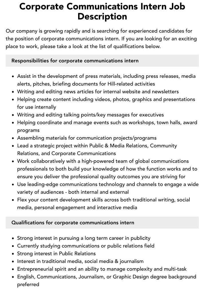 Corporate Communications Intern Job Description Velvet Jobs
