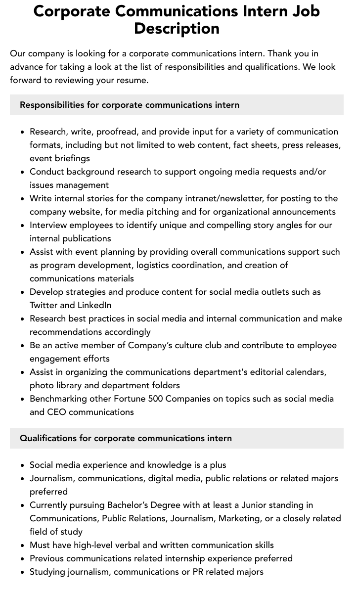 Corporate Communications Intern Job Description Velvet Jobs