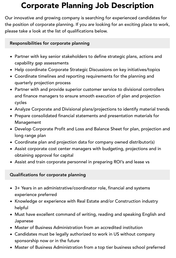 Corporate Planning Job Description Velvet Jobs Corporate Planning Job Description Velvet Jobs