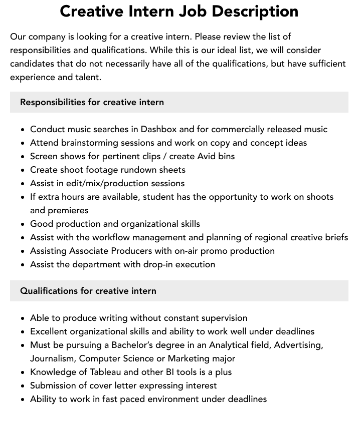 Creative Intern Job Description Velvet Jobs