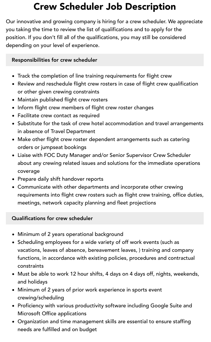 Crew Scheduler Job Description Velvet Jobs
