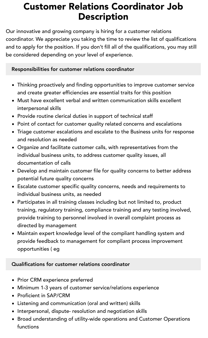 Customer Relations Coordinator Job Description Velvet Jobs