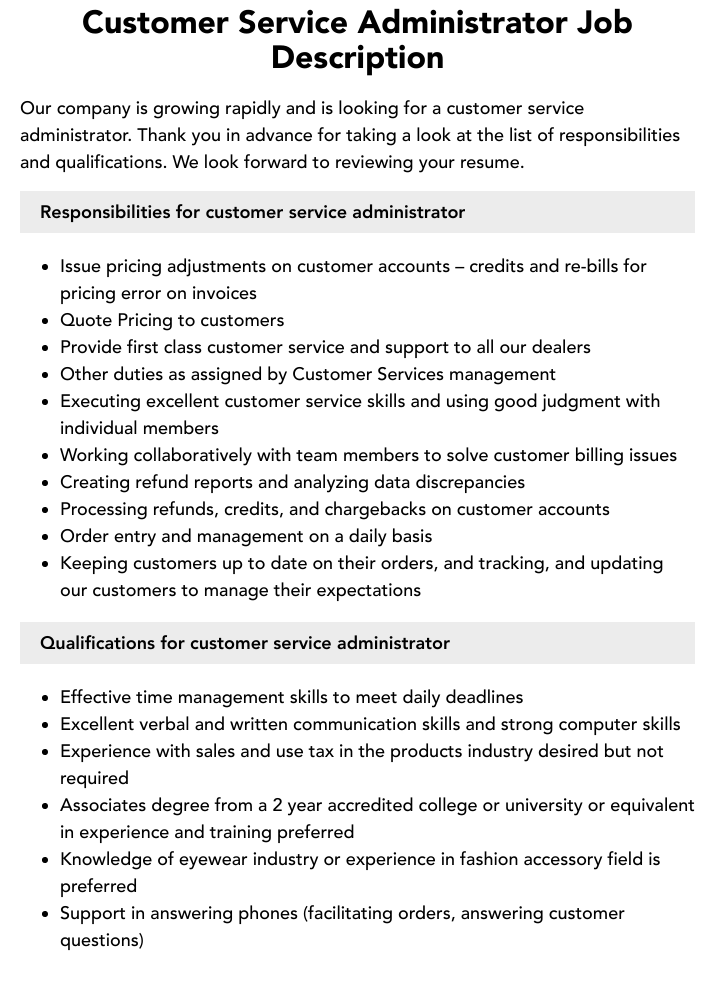 Customer Service Administrator Job Description Velvet Jobs