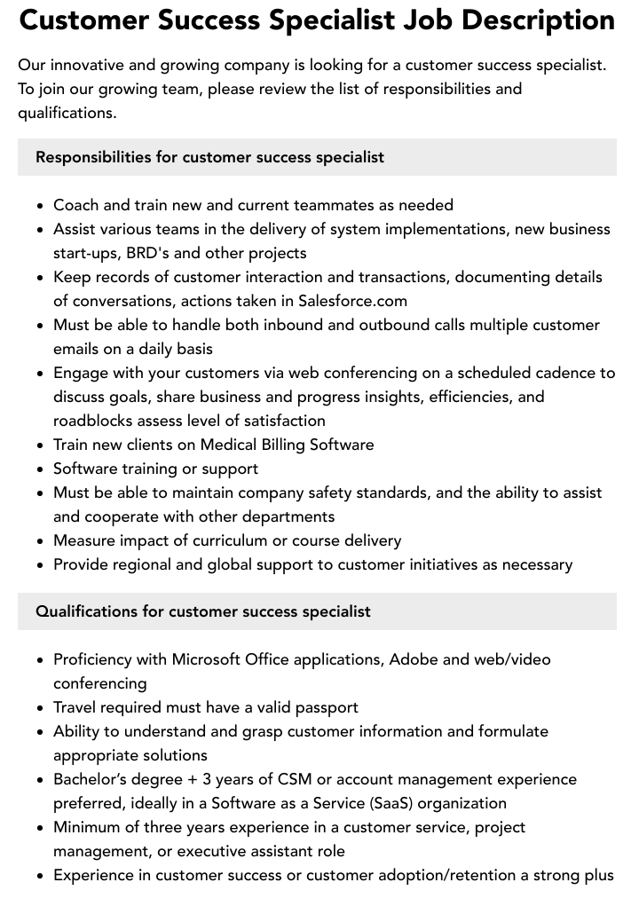 Customer Success Specialist Job Description Velvet Jobs