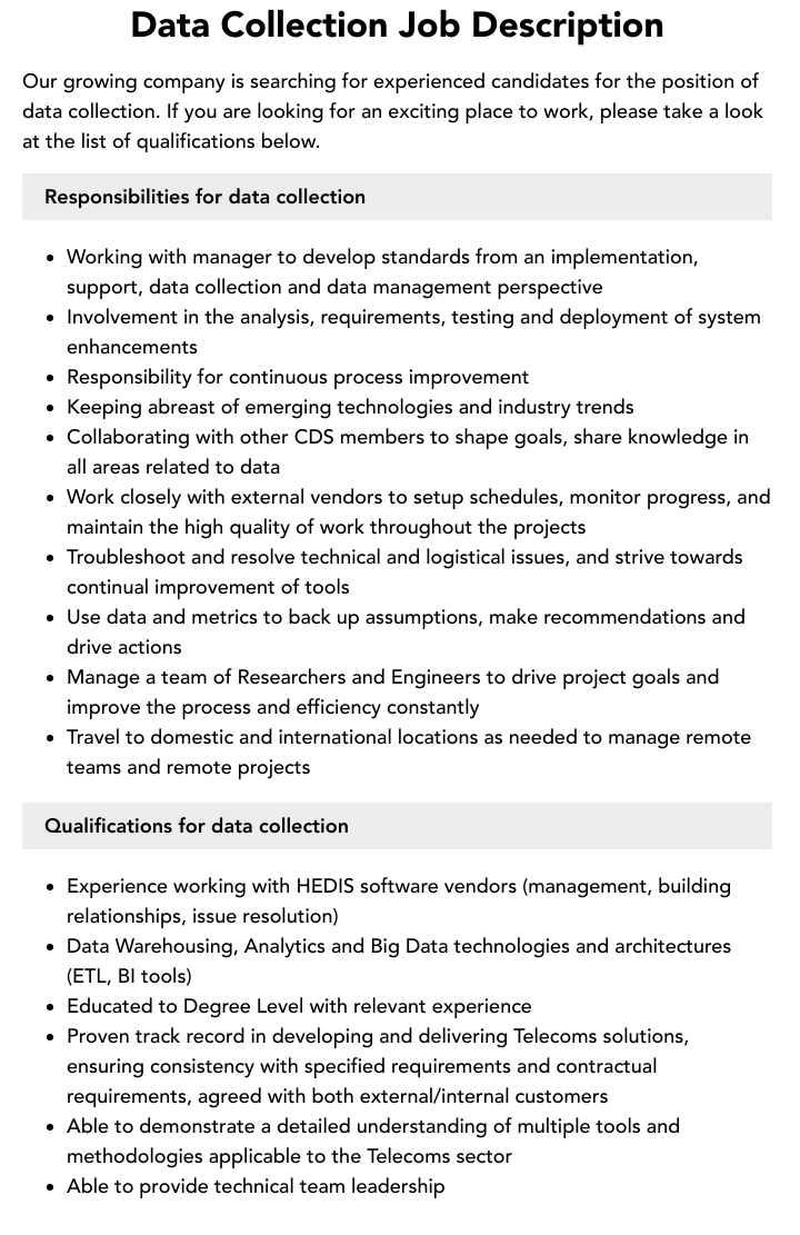 Data Collection Job Description Velvet Jobs