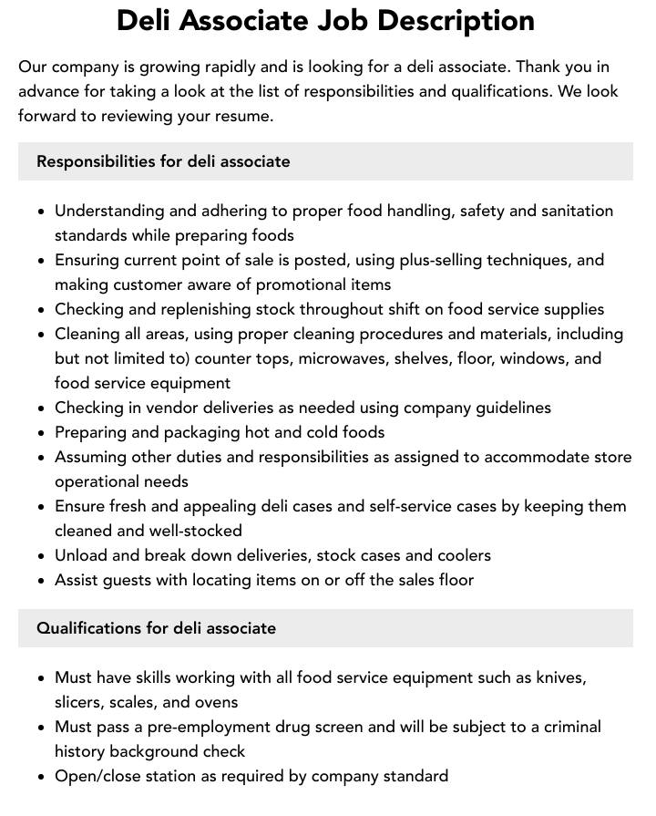 Deli Associate Job Description Velvet Jobs