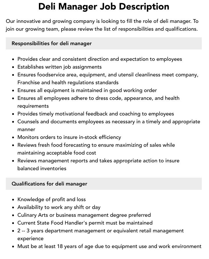 Deli Manager Job Description Velvet Jobs