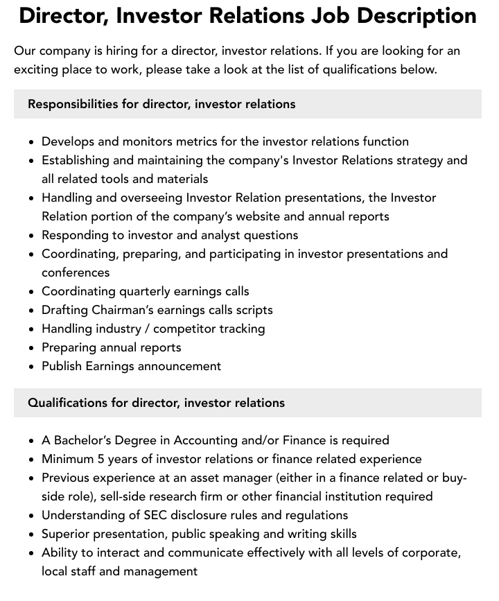 Director Investor Relations Job Description Velvet Jobs Director Investor Relations Job Description Velvet Jobs
