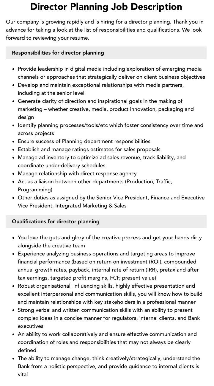 Director Planning Job Description Velvet Jobs