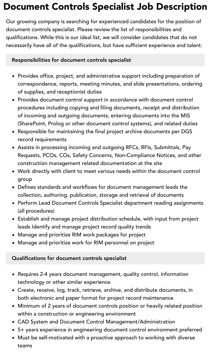 Document Controls Specialist Job Description Velvet Jobs