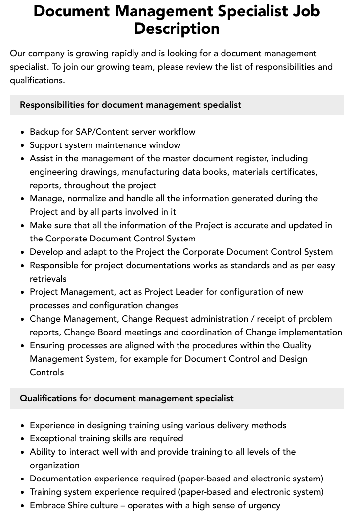 Document Management Specialist Job Description