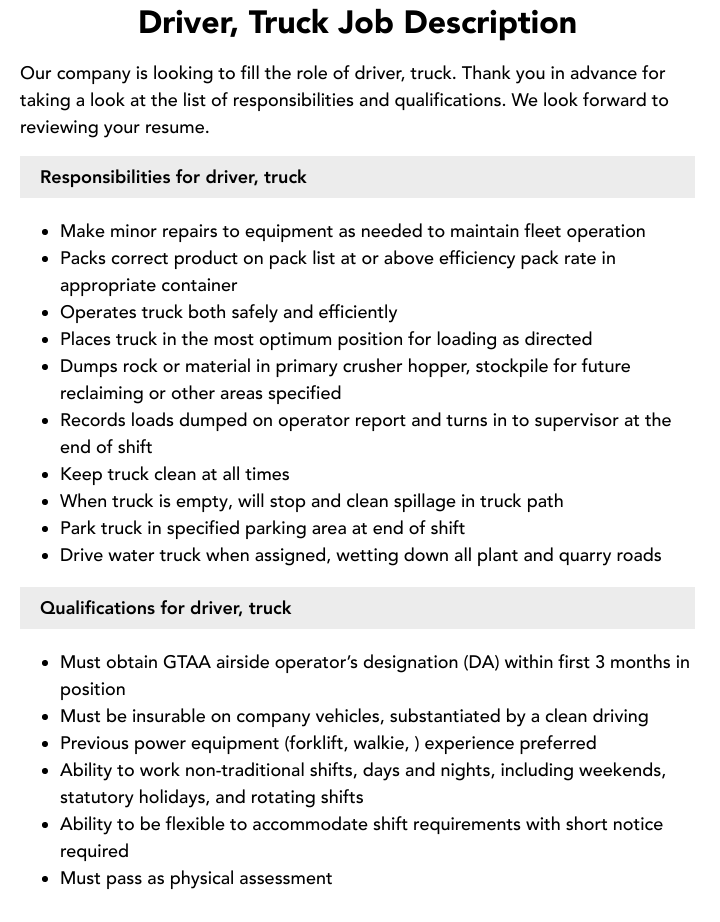 Driver Truck Job Description Velvet Jobs