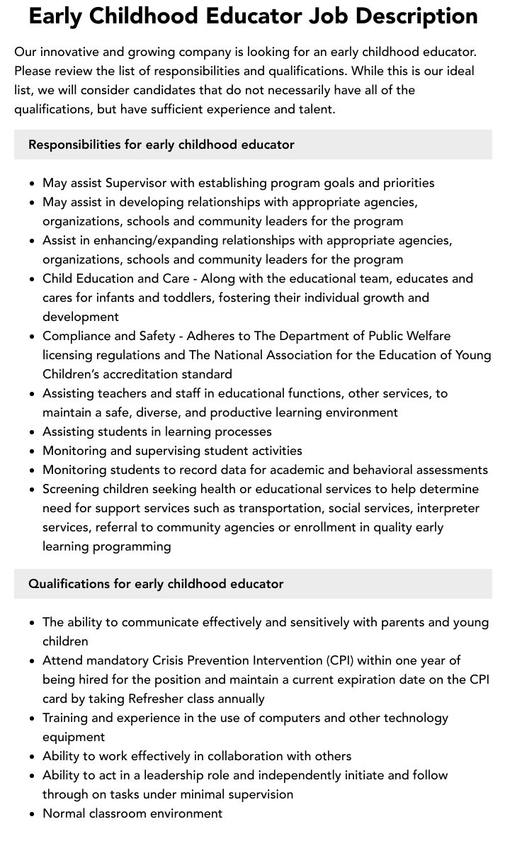 Early Childhood Educator Job Description Canada