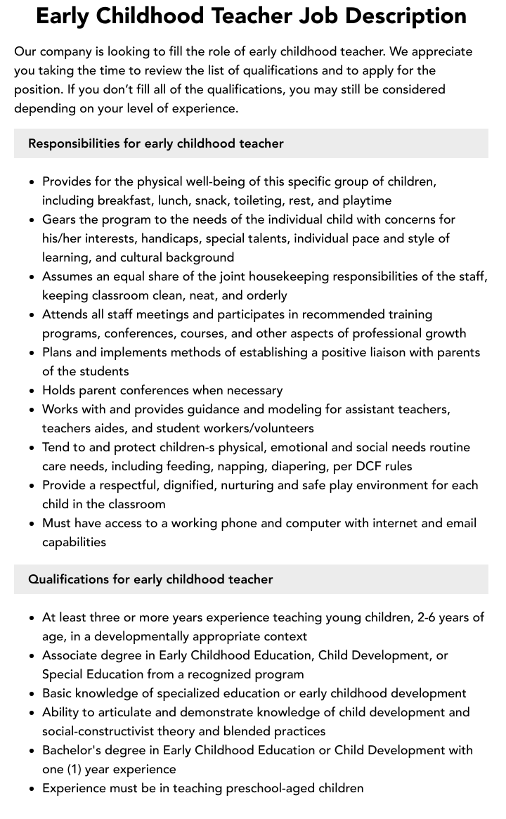 Early Childhood Teacher Job Description Nz