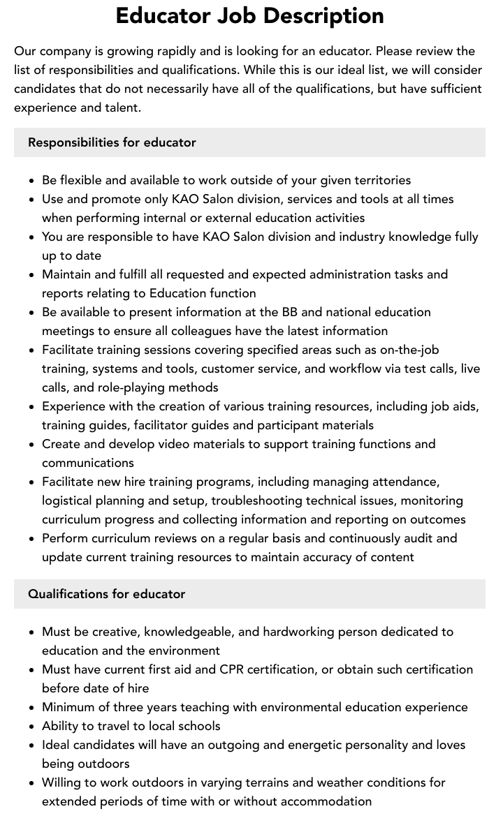 Educator Job Description Velvet Jobs