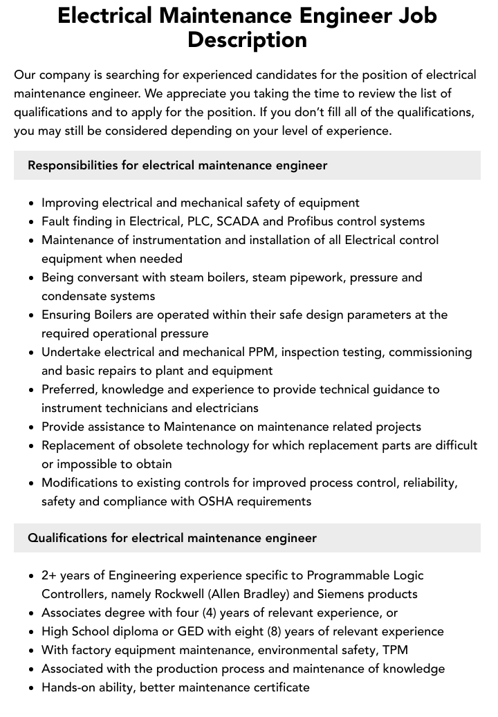 Electrical Maintenance Engineer Job Description Velvet Jobs   Electrical Maintenance Engineer V1 