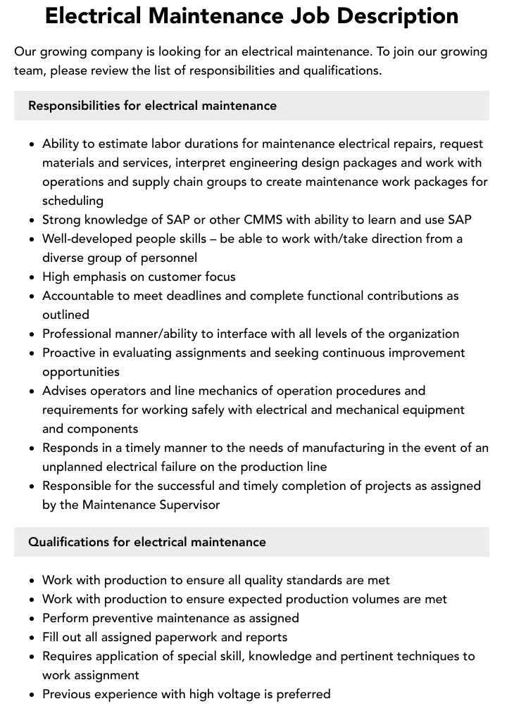 Electrical Maintenance Job Description Velvet Jobs