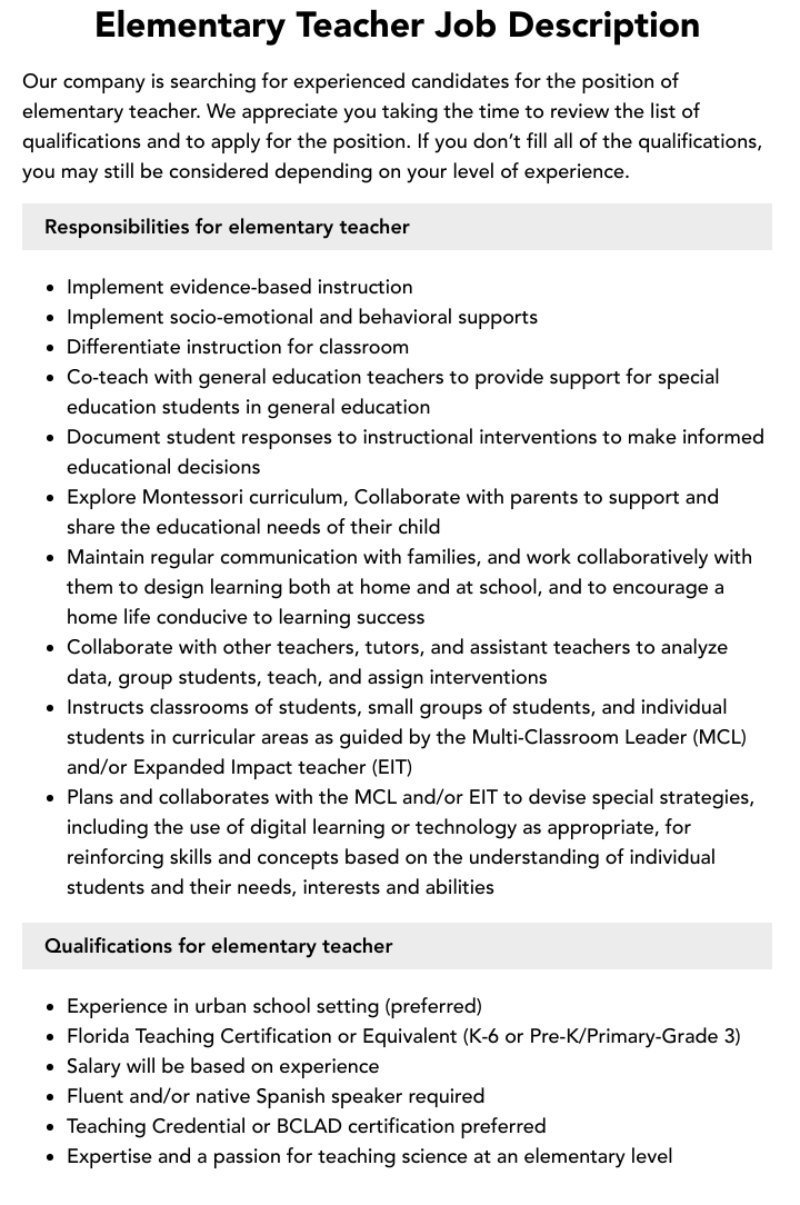 Elementary Teacher Job Description Velvet Jobs