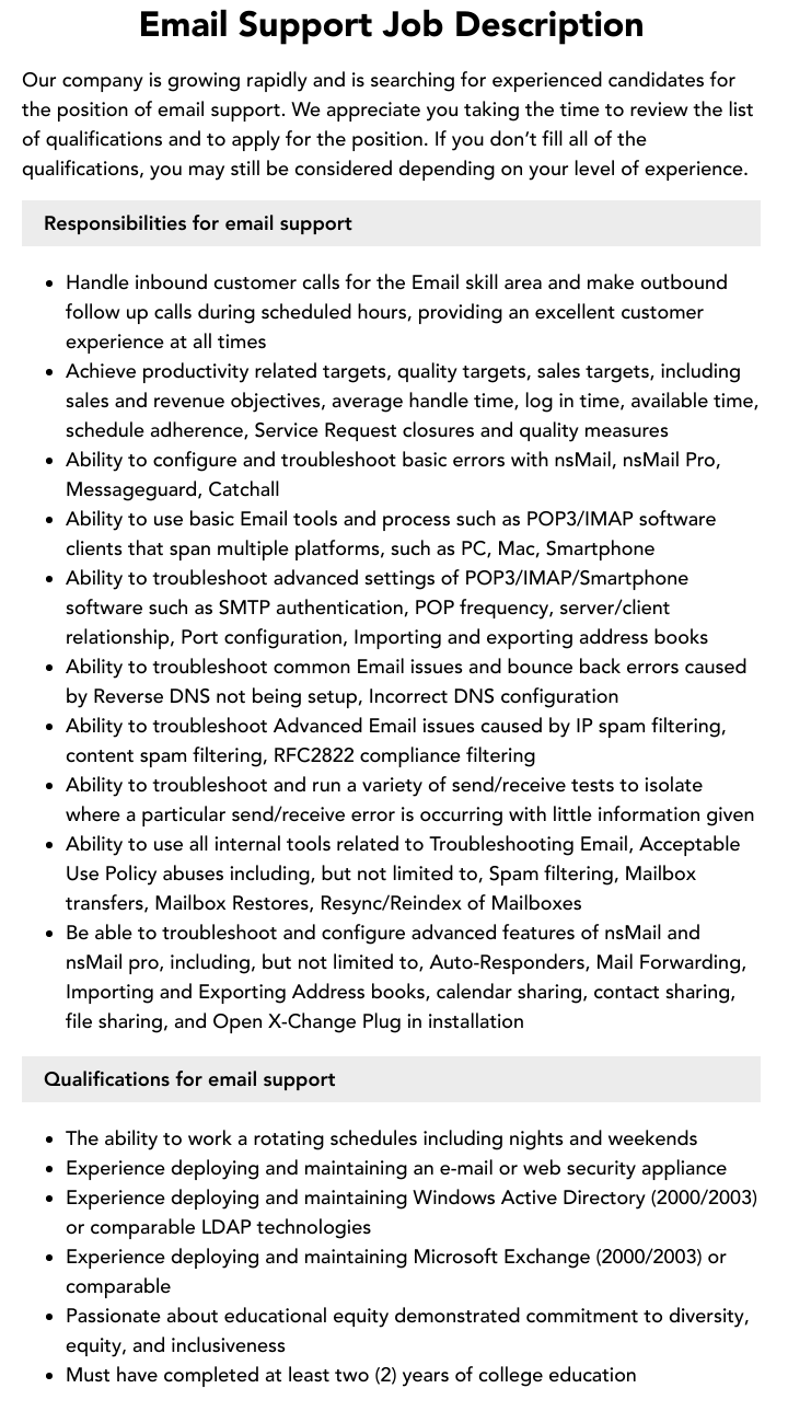 Email Support Job Description Velvet Jobs