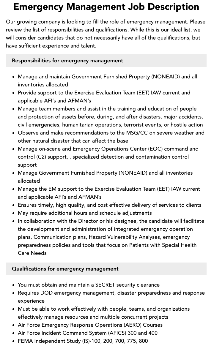 Emergency Management Job Description Velvet Jobs