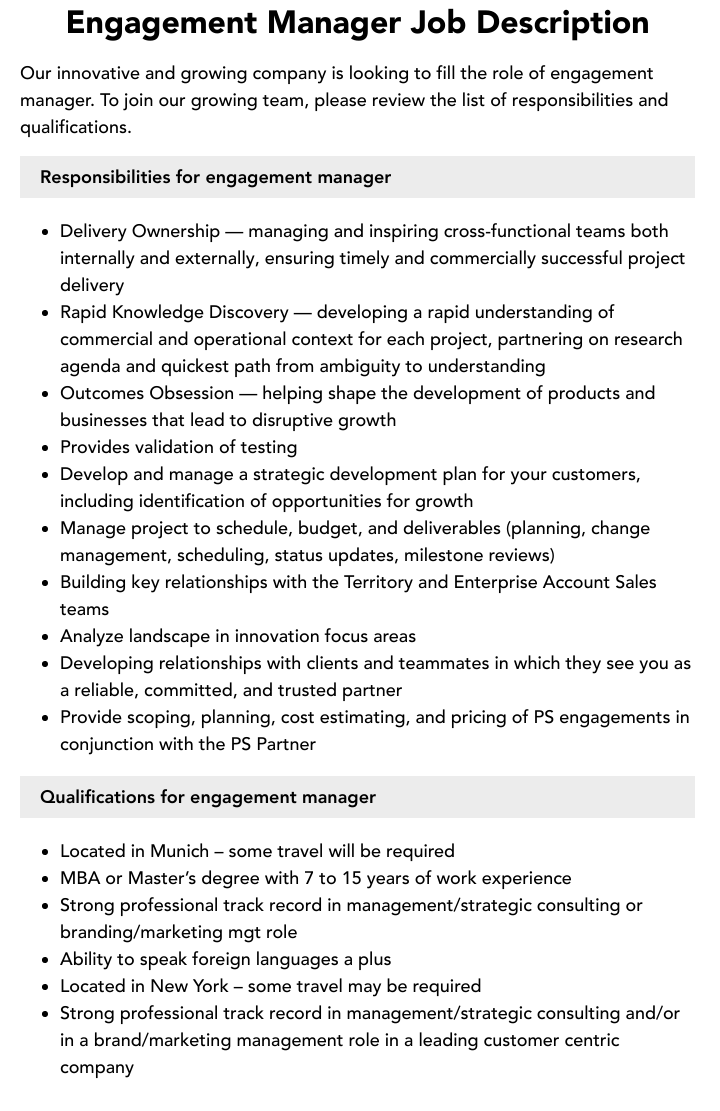 Engagement Manager Job Description Velvet Jobs