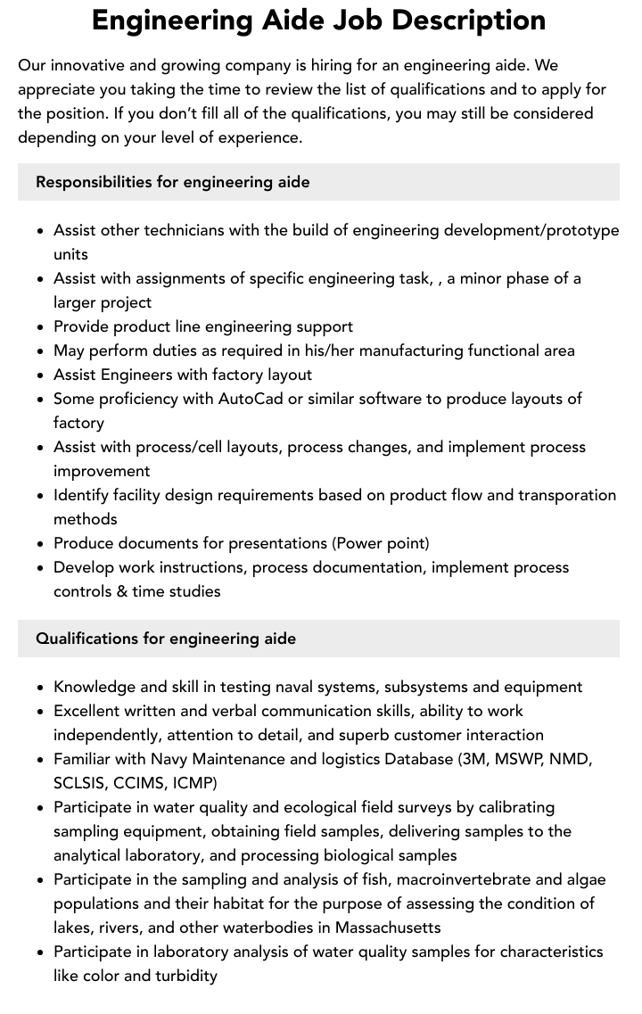 Engineering Aide Job Description Velvet Jobs