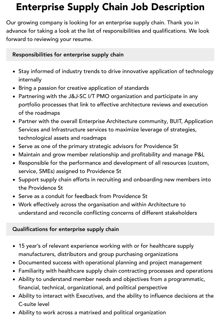 Enterprise Supply Chain Job Description Velvet Jobs