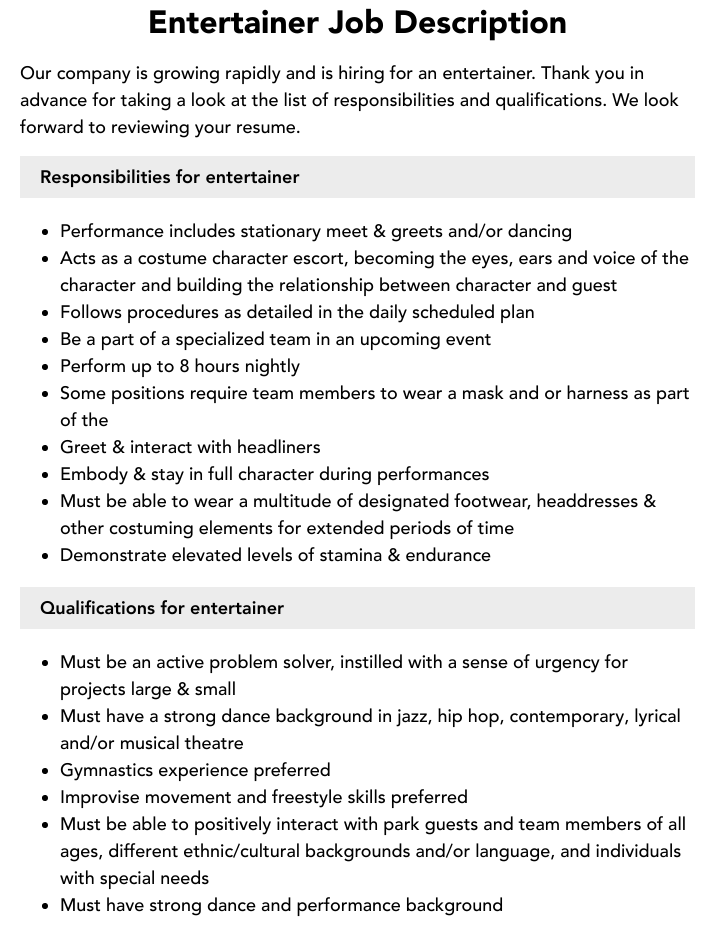 Entertainer Job Description Velvet Jobs